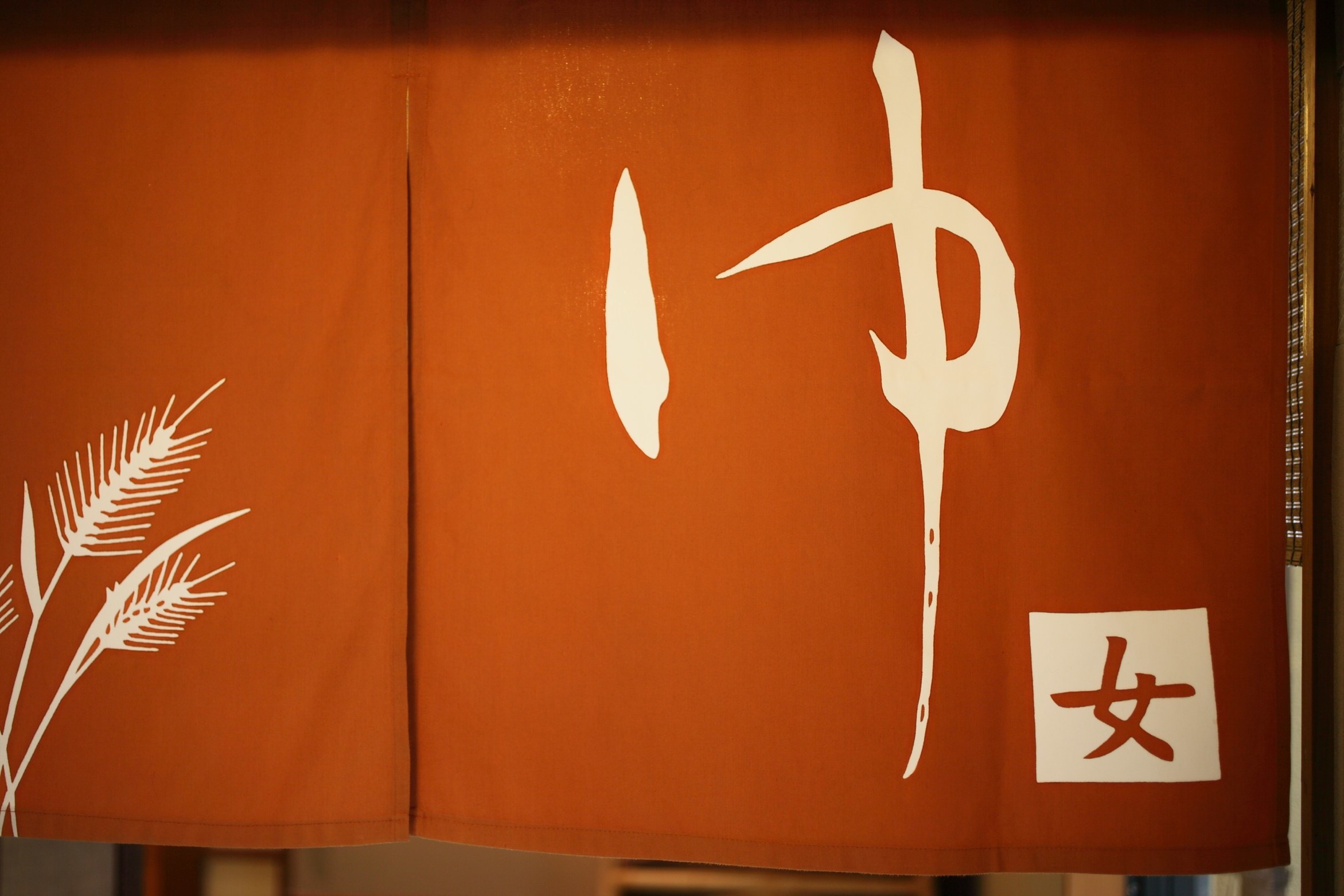 „Onsen“ ir „sento“ įėjimus žymi pusilgės užuolaidos.  Raudona reiškia moteris;  mėlyna reiškia vyrus!  (Nuotrauka: Kifu no Sato)