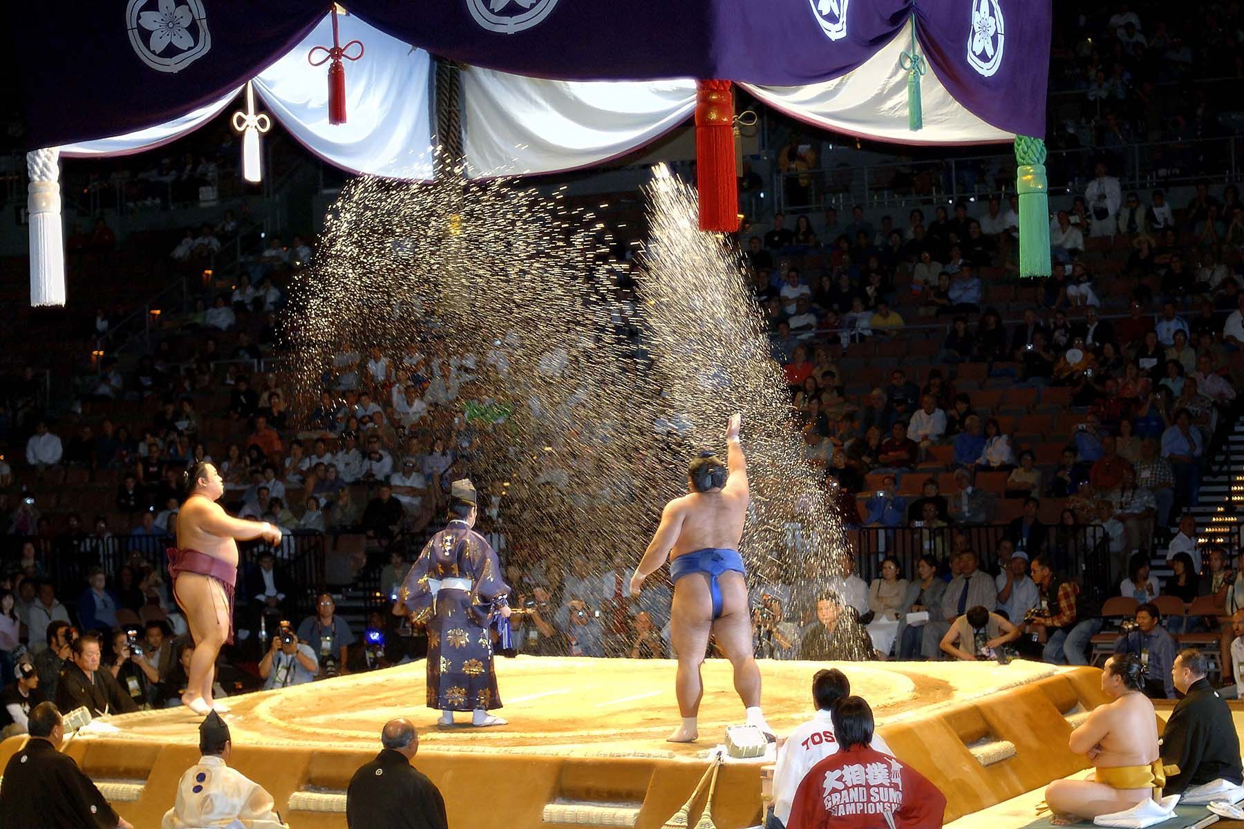 Sumo wrestlers throw salt before a match to purify the ring