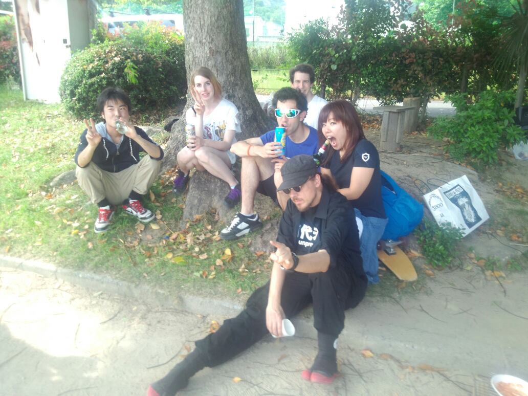 Caitlin and friends in a park in Aioi.