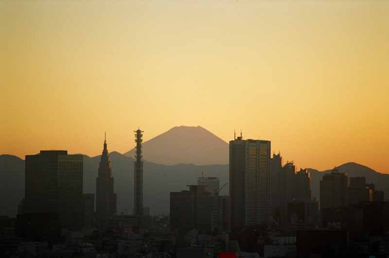 Mount Fuji at sunset, as seen from Tokyo
