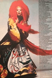 Page from Harpers & Queen, London 1971 design by Kansai Yamamoto. Hairstyle and makeup by Sachiko Shibayama.