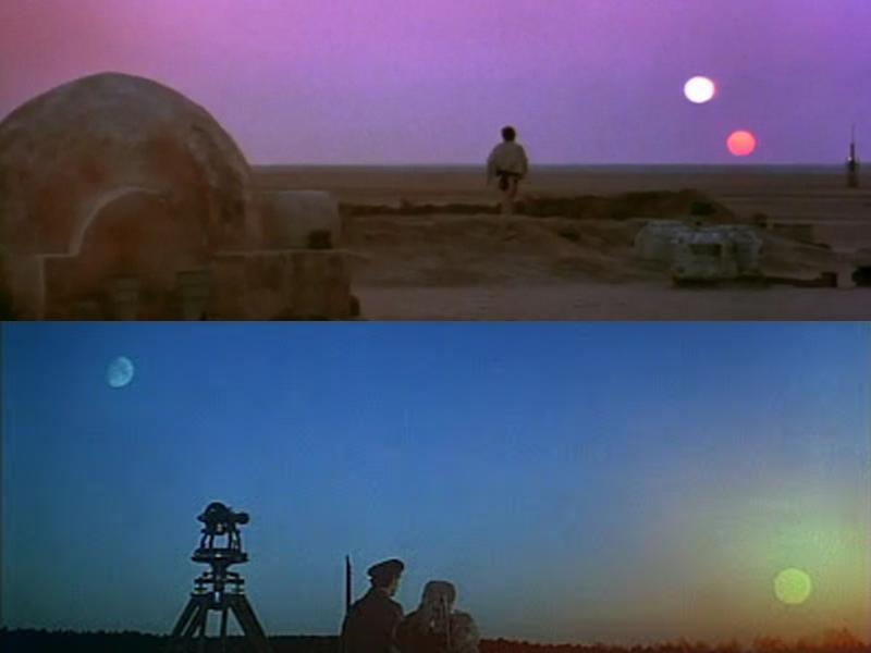 A binary sunrise on Tatooine in Star Wars (Top); The sun and the moon are visible at once in Kurosawa's Dersa