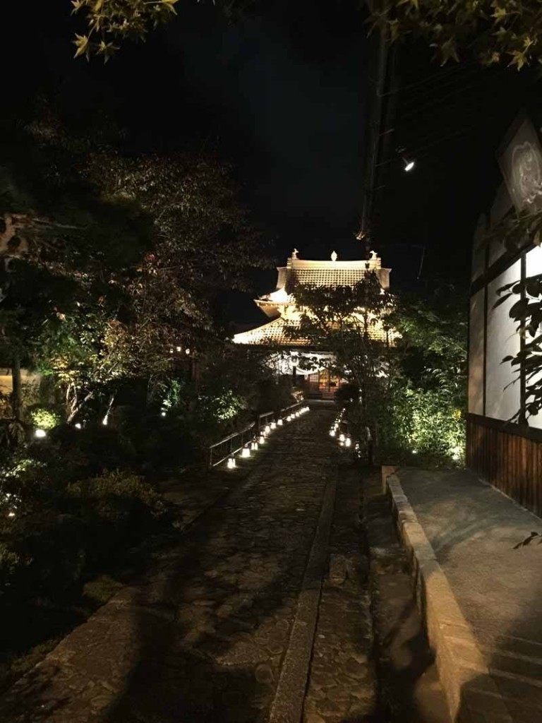 The temple's grounds are beautifully lit