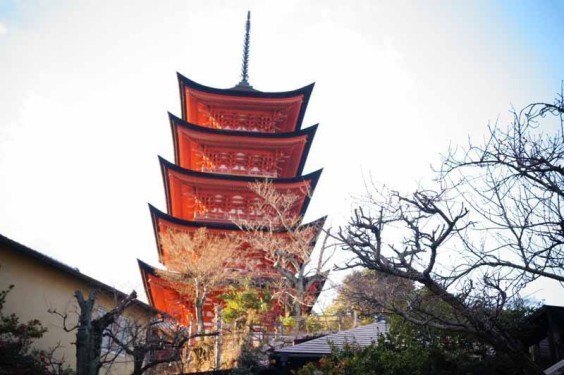 A vermilion pagoda watches over the island