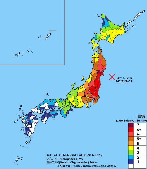 Map of the effects of the Tohoku earthquake