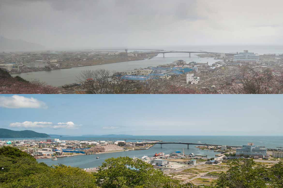 Top: Ishinomaki one month after the disaster; Bottom: six months after.