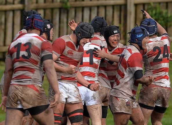 Japan Under 18s after scoring the winning try against Scotland Under 19s. Alex with clenched fists.