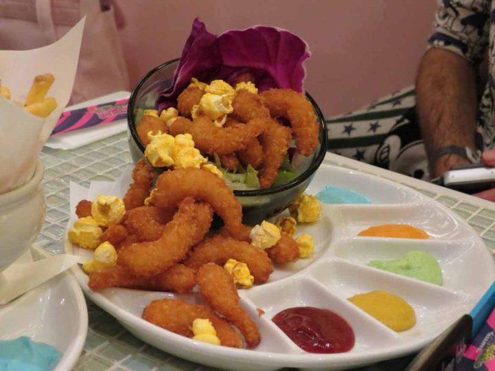 Popcorn shrimp with an artist's palette of dips