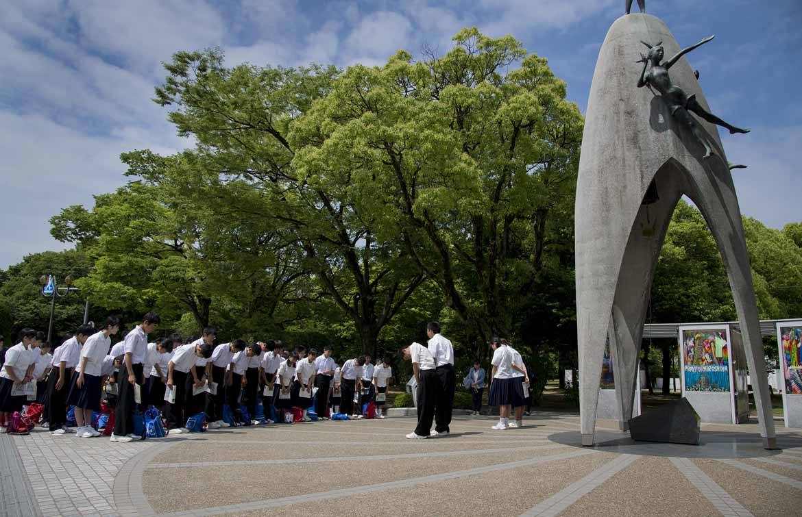 Japanese schoolchildren pay their respects at the Peace Park
