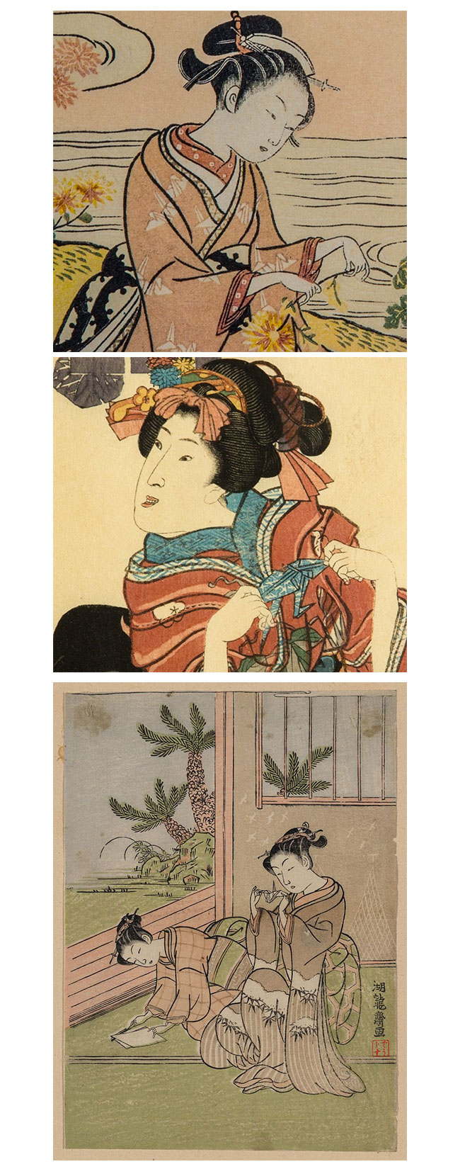 <P>It is no surprise that it is during the Edo era that recreational folding gained its foothold in Japan. During this long period of relative peace across the country, the Japanese economy grew apace and there was a dramatic flourishing of the arts as patronage broadened to include the newly affluent merchant class. Much of what we recognize today as the Japanese aesthetic dates from the Edo period.<BR><BR>It is through ukiyo-e that we can see how widespread in Japanese society paper folding had become. This most egalitarian of art forms often pictured scenes of everyday life. These provide evidence of kimono fabrics with origami designs and of ladies holding their folded creations.  <BR> <BR>The spread of origami was also aided by the flourishing of the paper-making industry during the Edo period, creating a plentifully supply of this essential raw material. (<A href=