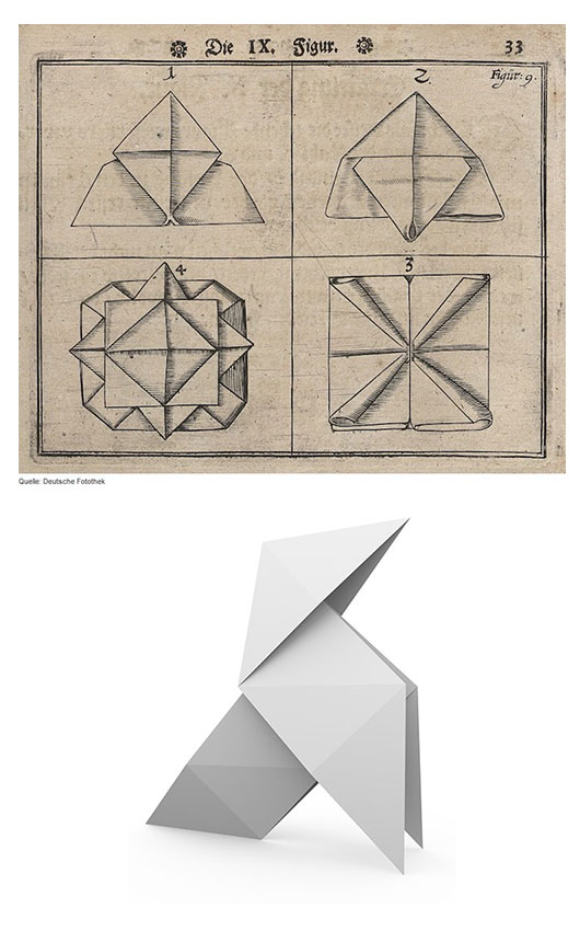 <P>The origins of origami may be mysterious but one thing we know for sure is it's Japanese, right? Think again! Attend a fancy restaurant and you may find upon your table an elaborately folded starched white napkin.  </P>
<P>In 17th century napkin folding became extremely popular amongst the more well to do of European society, spreading from the courts of Italy to northern Europe. Increasingly elaborate folds were designed to create showy table decorations in the form of animals, birds, sailing ships and other impressive objects. These were created by joining many napkins together, but in his book of these elaborate table settings published in 1629, Matthew Geiger, included a few designs for the folding of individual napkins, of the sort that you might see at a restaurant today. </P>
<P>Twenty-eight years later, in 1657, this was translated into German and enlarged upon by Georg Phillip Horssdorfer to include more single napkin designs. Now cloth and paper are not the same thing! But Horssdorfer's is the first book of instructions for folding in a style that origami enthusiasts the world over would recognise today. (<A href=